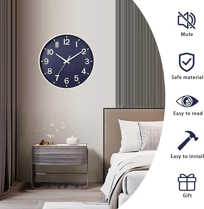 HZDHCLH Wall Clocks Battery Operated,Wall Clock Navy Blue,14 inch Wall Clock Silent Non Ticking Modern 3D Numbers for Kitchen Bedroom Living Room Office Classroom Decor