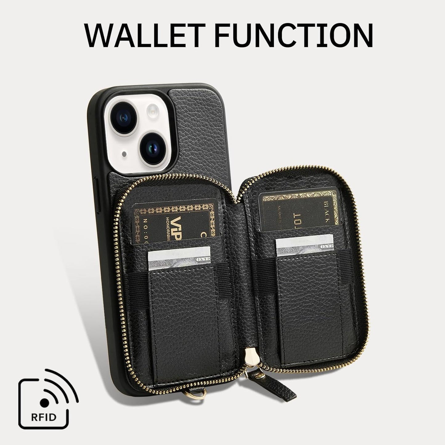 ZVE Wallet Case for iPhone 15, Phone Case Wallet with Card Holder Wrist Strap Compatible iPhone 15, RFID Blocking Zipper Faux Leather Cover for Women Gift for iPhone 15, 6.1"(2023) - Black"