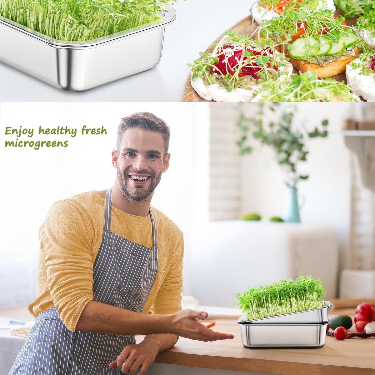 FANHAO 2-Pack Sprouting Tray Kit, Stainless Steel Soil-Free Cultivation Germination Tray, Healthy Wheatgrass Grower Sprouting Container Kit Nursery Tray for Indoors Plant Seedlings