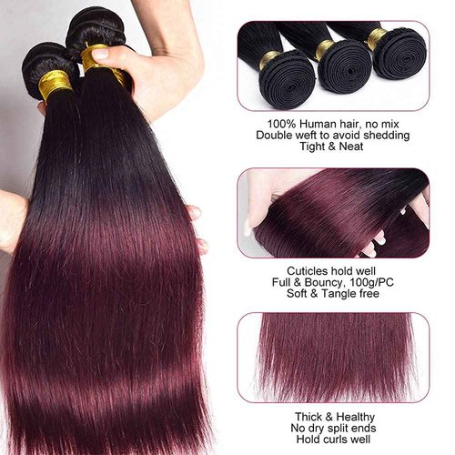 Habiliana Bundles Human Hair 24 26 28 Inch Straight Burgundy T1B/99J Human Hair Bundles 11A Unprocessed Brazilian Virgin Quick Weave Hair Extensions for Black Women