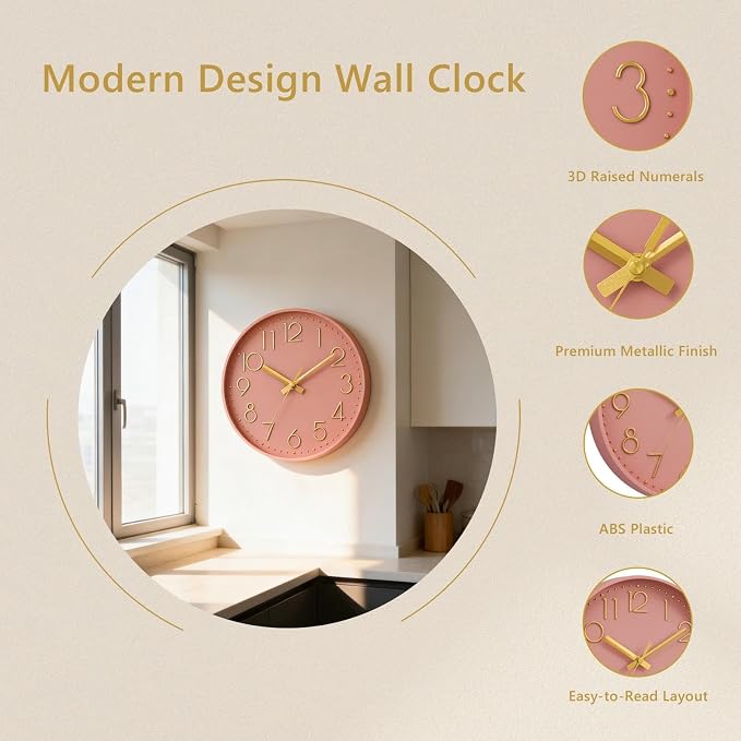 DAXSMY Wall Clock - 12 Inch Silent Non-Ticking Modern 3D Wall Clocks Battery Operated - Decorative Clock for Kitchen, Home Office, Bathroom, Bedroom, Living Room(Pink)
