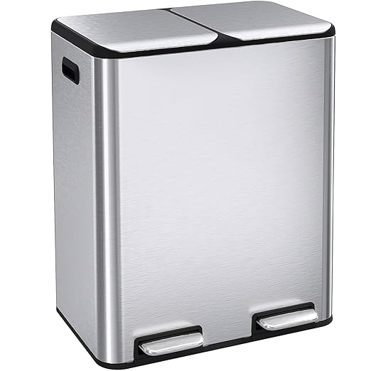 ComfyCorner 16 Gal (2 x 30 L) Dual Trash Can, Stainless Steel Kitchen Garbage Bin, Recycle Dustbin with Odor Control Box, Soft-Close Lid, Inner Buckets, Side Handle, Step Pedal, for Home Office