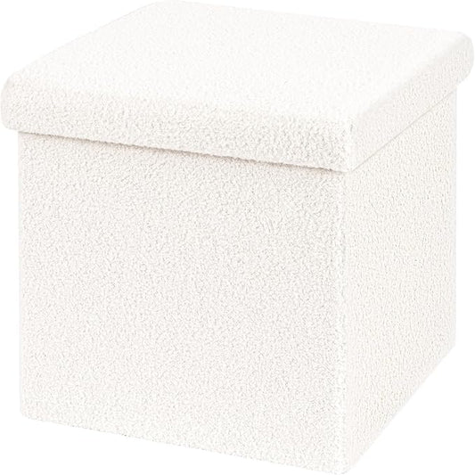 B FSOBEIIALEO Small Storage Ottoman Cube Sherpa Ottomans Foot Rest, Foldable Boucle Ottoman, Faux Teddy Fur, Cream White 15"x15"x15"