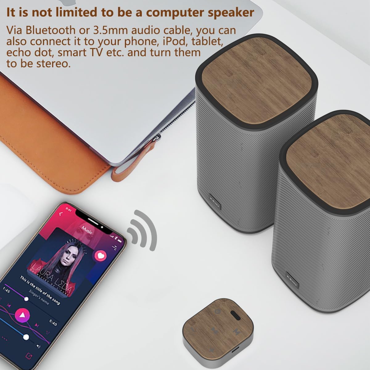 KEiiD Bluetooth Computer Speakers with Wireless Touch Control Pod for PC Laptop/Desktop Wireless Stereo Gaming Speakers, 4 EQ Modes, Aesthetic Style, 2024 New Model