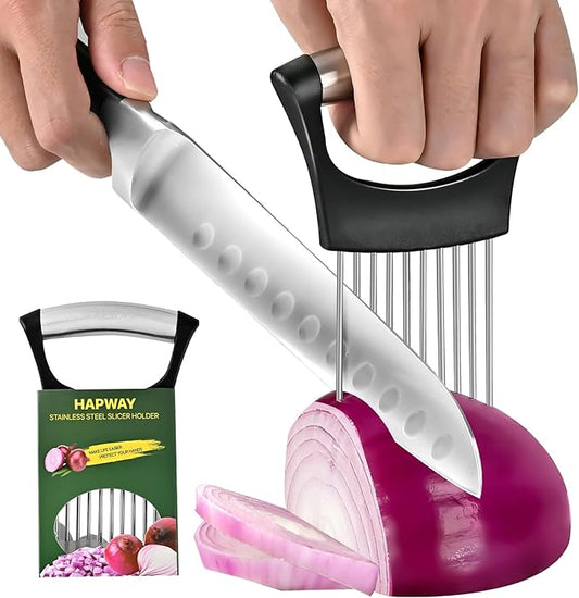 【2 PCS】Onion Slicer, Onion Holder for Slicing - Stainless Steel Vegetable & Fruit Cutter for Onions, Tomatoes, Potato, Avocado, Lemon, Eggs, Meat | Kitchen Chopper Gadget with Neat Guide & Tenderizer