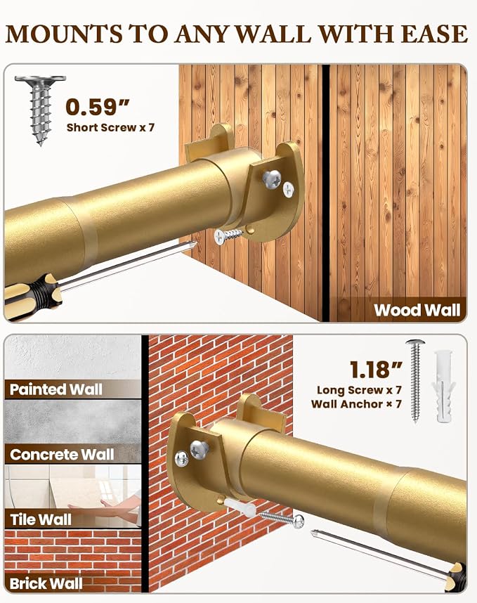 Heavy Duty Closet Rod, 17-84 IN Closet Rods for Hanging Clothes, Gold | Stepless Adjustable, Supports up to 66 lbs, Multiple Size Options, Easy Installation, Multi Purpose , Wall-Mounted