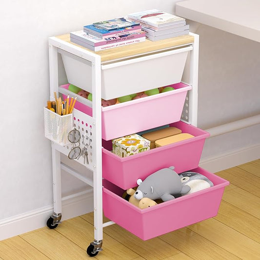 Rolling Cart with Drawers, Rolling Storage Cart with Large Plastic Drawers & Wooden Tabletop, Utility Cart with Pegboards & Basket, Storage Drawers Cart for Living Room, Classroom, Bedroom, Office