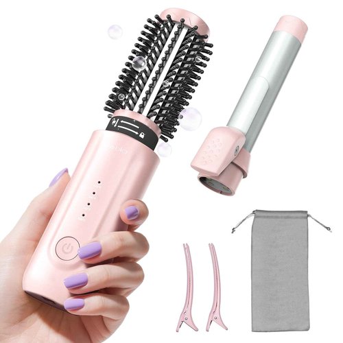 Cordless Curling Iron Brush, 2 in 1 Mini Travel Hot Straightener Comb with 200 Million Negative Ions, Dual Voltage & Lightweight for Travel, Anti-Tangle, 4 Temps, Pink