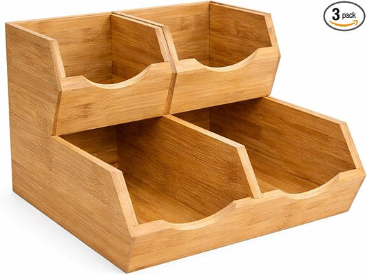 Bamboo Pantry Storage Bins Set of 3, Stackable Potato and Onion Storage Bin, Produce Organizer for Pantry, Wooden Fruit Vegetable Storage Bins with Handles & Slide-Out Access
