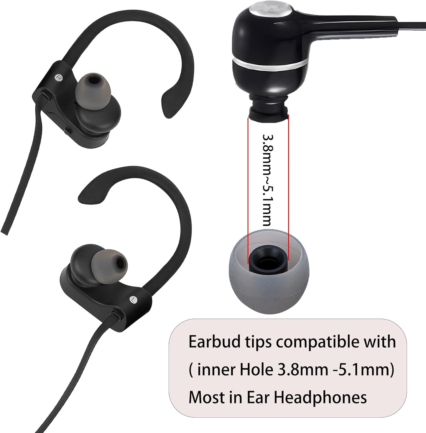 Silicone Replacement Earbud Tips - Fit Most In-Ear Earbuds (Inner Hole 3.8mm - 5.1mm) - 9 Pairs S M L