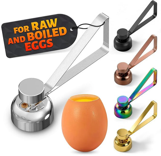 Egg Cracker Tool for Raw Eggs — Egg Shell Opener for Soft-Boiled Shell Tops, Stainless Steel Topper with Ergonomic Adjustable Effort — Easy-Open Design for Breakfast Prep, Custards, & Baking (Silver)