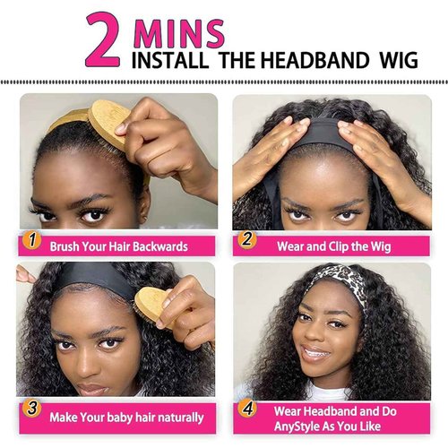 Kinky Curly Headband Wig Human Hair 24 Inch Headband Wigs for Women Human Hair Glueless None Lace Front Curly Wave Wigs Brazilian Virgin Hair Wear and Go Glueless Wig 150% Density Natural Black Color