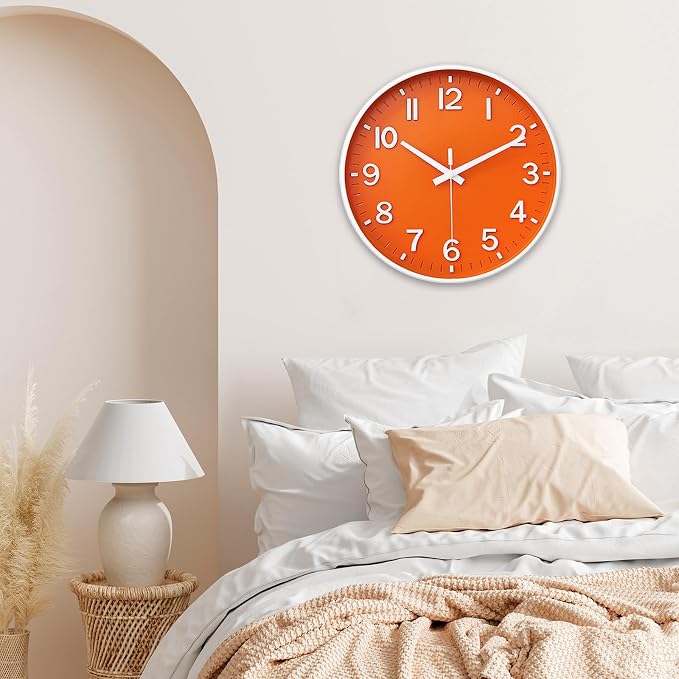 HZDHCLH Wall Clocks Battery Operated,Wall Clock Orange,14 inch Wall Clock Silent Non Ticking Modern 3D Numbers for Kitchen Bedroom Living Room Office Classroom Decor