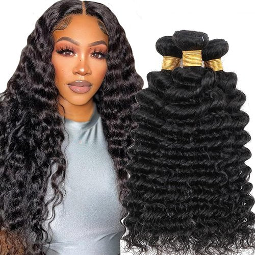 Human Hair Bundles Brazilian Deep Wave Weaves 18 20 22inch 12A 100% Unprocessed Virgin Human Hair Deep Wave Quick Weave Raw 3 Bundles Deals Natural Black