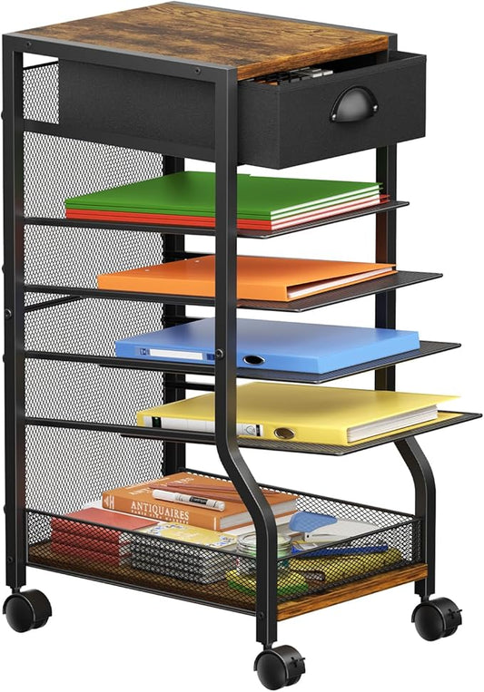 keomaisyto 6-Tier Rolling File Cart with Drawer, Under Desk Storage with Paper Letter Sliding Trays, Standing File Organizer with Wheels, Slim Workspace Organizers for Office/Home/School/Study