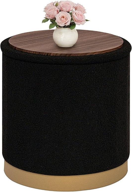 B FSOBEIIALEO Ottoman with Stroage, Round Boucle Storage Ottoman with Gold Plating Base,Foot Rest Stool for Dorm Room, Living Room Black, 16.73"x16.73"x17.72"