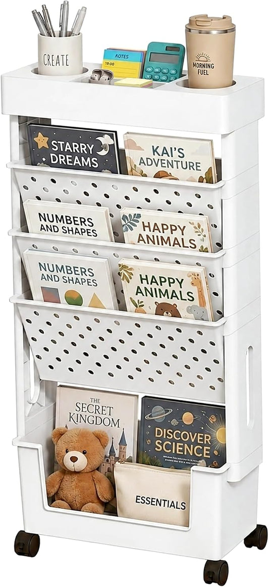 5-Tier Rolling Bookshelf, Book Storage Organization with Wheels Mobile Bookshelves Cart for Home Office Kids' Study Room School, White