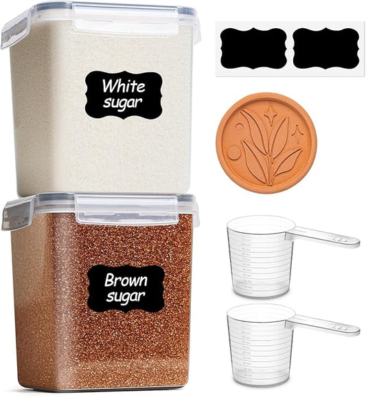 ComSaf Brown Sugar Container Set of 2 (2.5L/2.6Qt), Airtight Food Storage Containers with Lids and Terra Cotta Brown Sugar Saver, Plastic Canisters Sets for Kitchen, Pantry Organizer for Flour, Baking