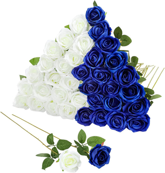 36 Pcs Silk Blue White Rose Bouquet Bridal Artificial Flowers,Fake Rose Long Stem Realistic Flowers Bulk for Wedding Bouquet Ball Arrangement Centerpiece Party Decor