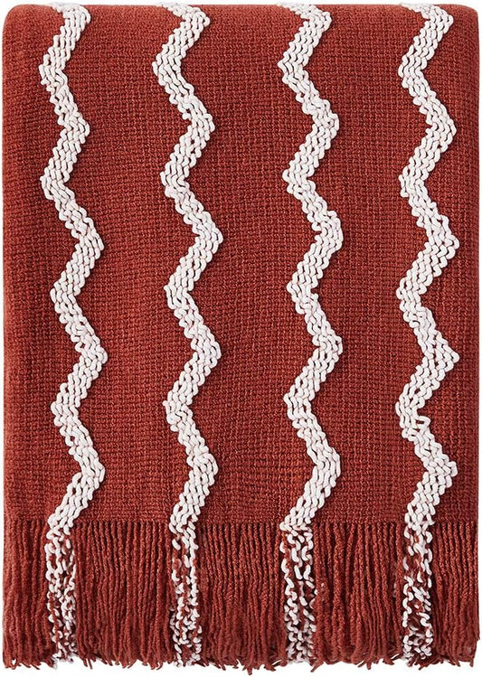 BOURINA Fluffy Chenille Knitted Fringe Throw Blanket Lightweight Soft Cozy for Bed Sofa Chair Throw Blankets, Rust 50" x 60"