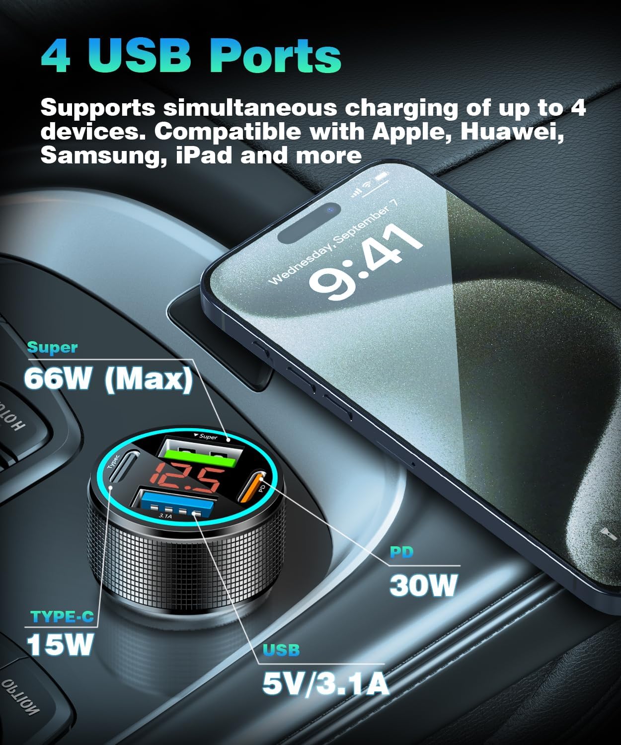 66W USB C Car Charger 4 Port Car Charger Adapter with 30W PD, 3.1A Aluminium Alloy Car Cigarette Lighter USB Charger with LED Voltmeter Compatible with Phone 15 14 13