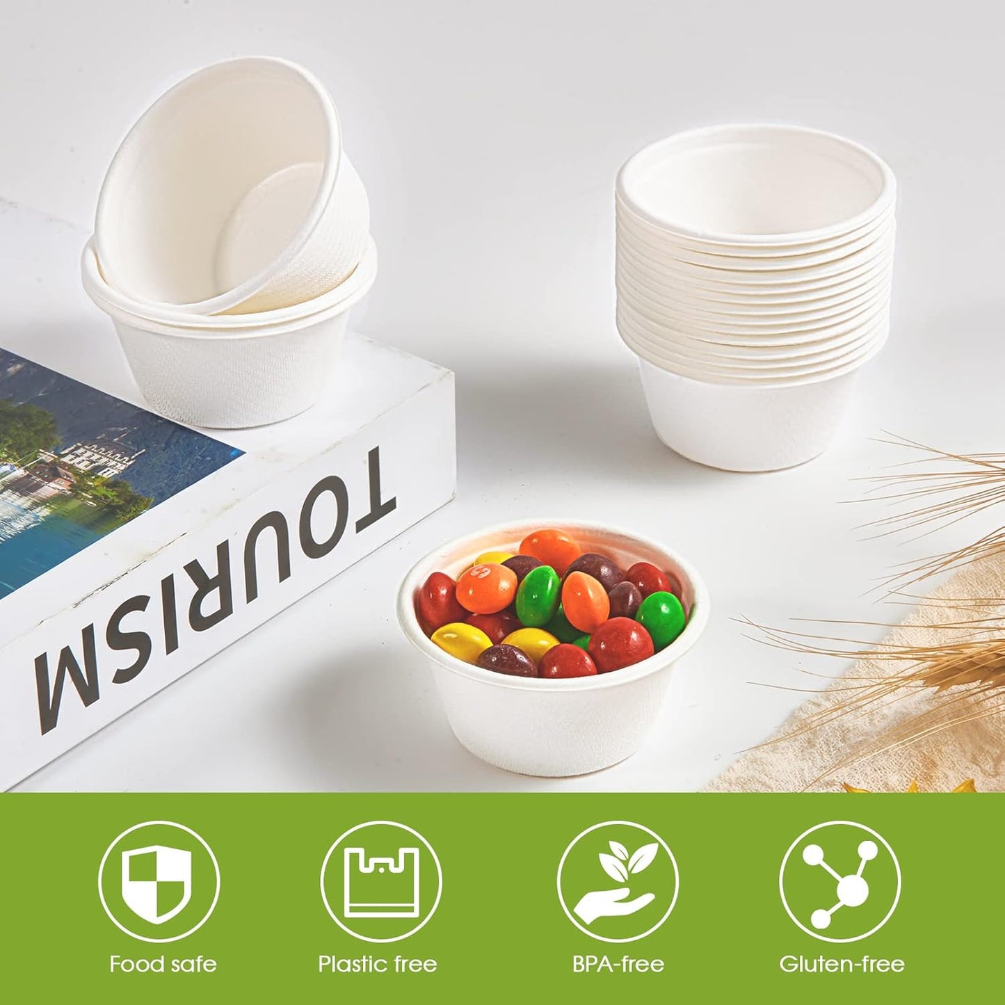 ECOLipak 200 Pack 2 oz Compostable Portion Cups, 100% Biodegradable Souffle Cups, Disposable Paper Cups for Condiment Samples