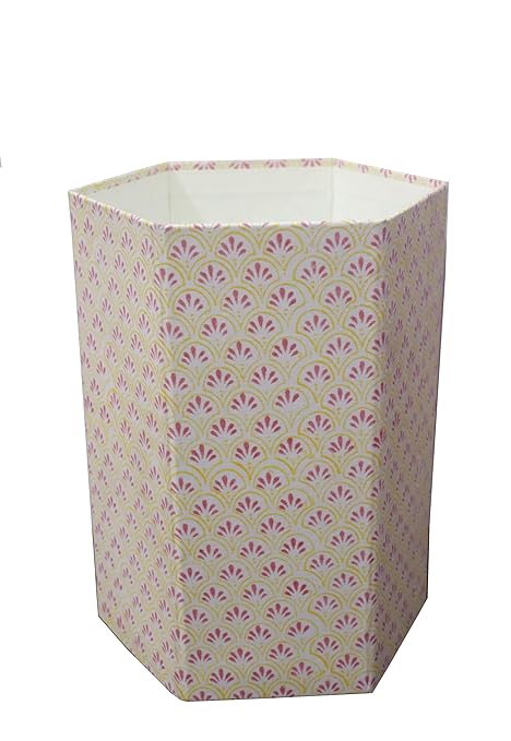 3.3 Gallon Cotton Hand Block Printed Paper Waste Basket |Small Decorative Trash Can for Housewarming Gifts in Living Room, Bedroom, Bathroom | Eco-Friendly, Plastic-Free (1, Small Yellow Pink)