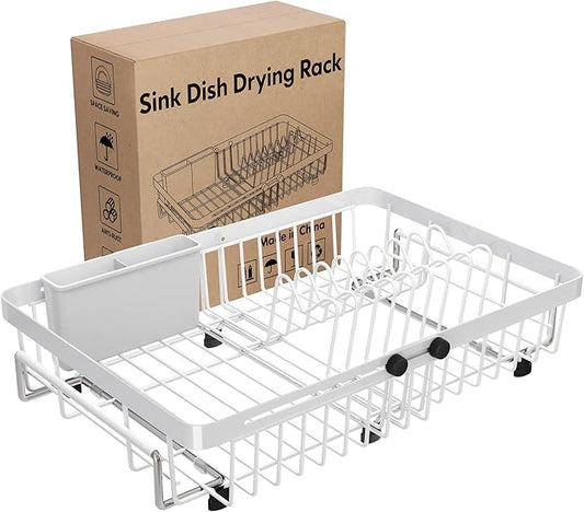 MAJALiS White Dish Drying Rack Over The Sink, Expandable Stainless Steel Dish Drainer for Small Kitchen Counter Space Saving, RV Compact Plate Strainer in Metal with Hanging Adjustable Utensil Holder
