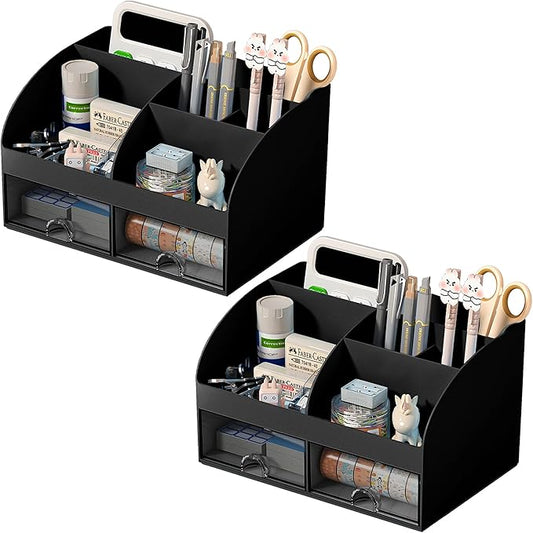 COMFYROOM Desk Organizer with 6 Compartments and 2 Drawers, Plastic Makeup Organizer, Pen Holder for Desktop Storage, Desk Organization for School, Home, Office Supplies Black-2Pack