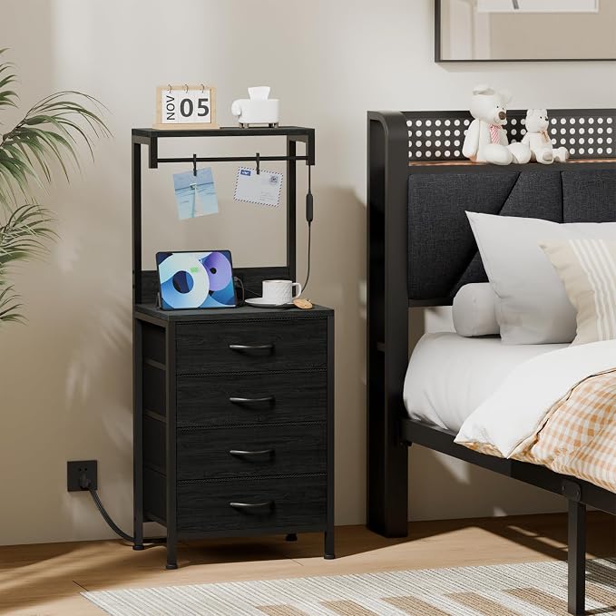Furnulem Tall Nightstand with Charging Station, Night Stands with LED Lights and Storage Shelves, Bed Side Table for Bedroom, Hallway, Office, 4 Fabric Drawers (Black Oak)