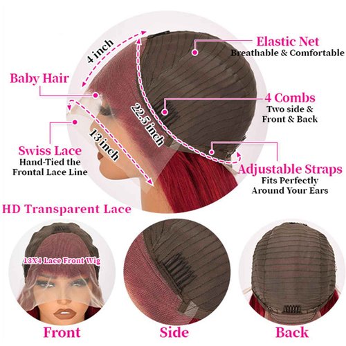 LUOSIWLD 99j Lace Front Wigs Human Hair Glueless Transparent Wigs for Women Burgundy Straight 150% Density 13×4 HD 24 inch
