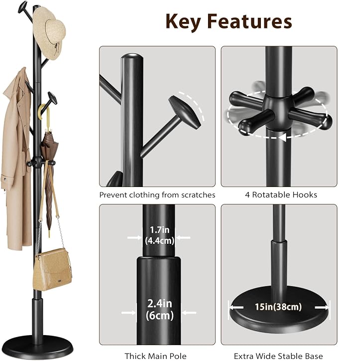 Taitiy Solid Wood Coat Rack Freestanding Coat Tree with 10 Hooks for Bedroom, Livingroom, Entryway, Sturdy Coat Hanger Stand for Hats, Coats, Scarves, Handbags, Purses