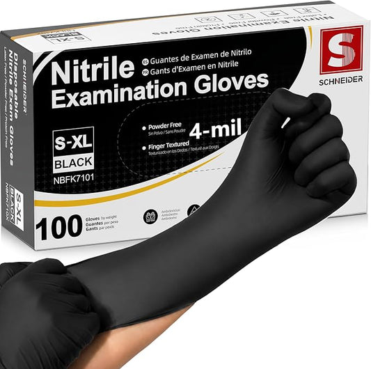 Schneider Medical Nitrile Exam Gloves, 4 Mil Black Gloves Disposable Latex Free Powder Free, Food Safe for Cooking, Food Prep