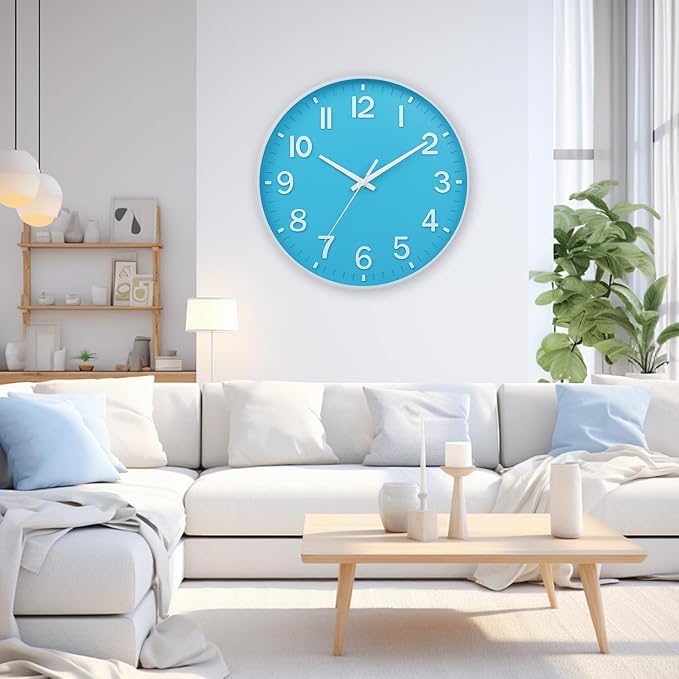 HZDHCLH Wall Clocks Battery Operated,Wall Clock Blue and White 8 inch Wall Clock Silent Non Ticking Modern 3D Numbers for Office Kitchen Classroom Bedroom Living Room Decor