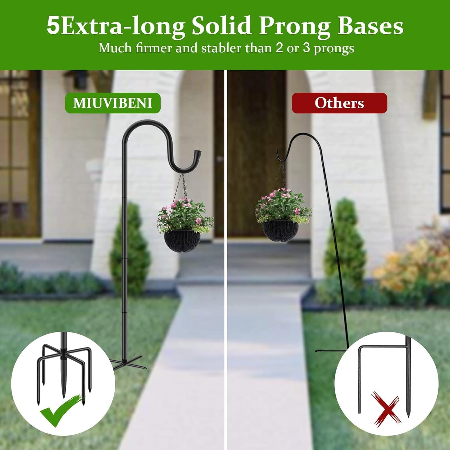 Shepherds Hooks for Outdoor, 48 Inches Garden Bird Feeder Pole for Hanging Bird Feeder, Plant Baskets, Solar Light Lanterns, Outdoor Plant Hanger Hook with 5 Base Prongs, 2 Packs