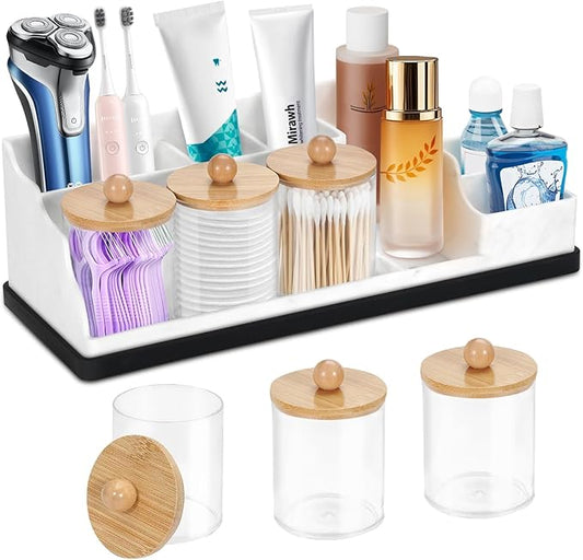 Bathroom Organizer Countertop, White Silicone Toothbrush Holders for Bathrooms with 3PCS Qtip Holder Dispenser, Toothbrush and Toothpaste Holder for Bathroom Counter Organization Storage Vanity