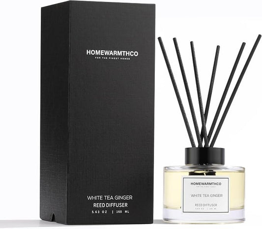 White Tea Amber Reed Diffuser Set–Luxury Natural Fragrance Reed Diffusers for Hotel, Office, Bathroom, Kitchen, Home & Shelf Decor Long Lasting Scent with Non-Toxic Oils Gift Ready 5.63 oz 160ml