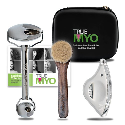 Gua Sha Facial Tools Beauty Trifecta with Stainless Steel Face Roller Massager, Dry Brush, Upgrade from Your Jade Roller Stone Guasha Tool, Beauty Tools Accessories (Beauty Trifecta)