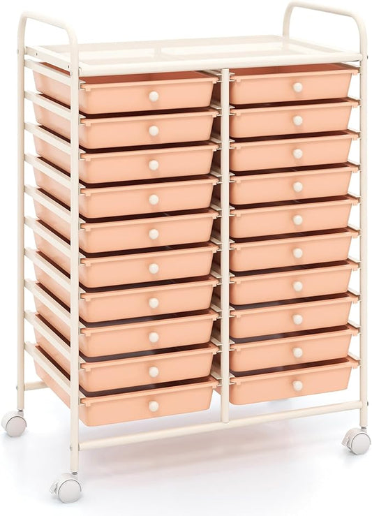 COSTWAY 20-Drawer Rolling Storage Cart, Utility Storage Organizer Cart for Tools, Scrapbook, Paper, Craft, Multipurpose Storage Trolley on Wheels for Home Office School, Peach