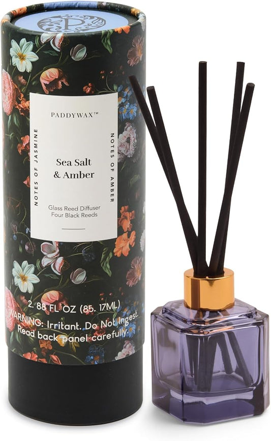 Paddywax Botanica Scented Oil Diffuser with Reeds in Reusable Blue Glass Bottle, Tubed Gift Box, Includes Diffuser Sticks, Long-Lasting Fragrance, Reusable & Upcyclable, Sea Salt & Amber, 2.8 fl oz