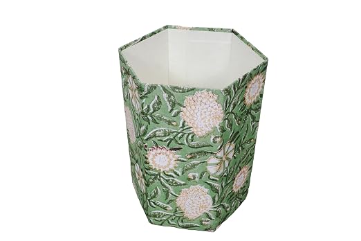 Generic 3.3 Gallon Cotton Hand Block Printed Paper Waste Basket |Small Decorative Trash Can for Housewarming Gifts in Living Room, Bedroom, Bathroom | Eco-Friendly, Plastic-Free (1, GREEN GE.)