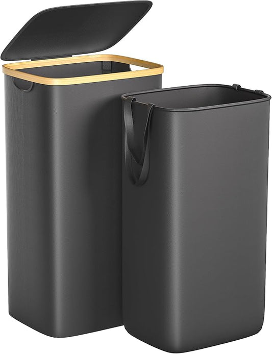 Foluck 100L Laundry Hamper with Lid Removable Bag and Bamboo Handles | Waterproof Self-locking Inner Bag, 3 Different Handles, 600D Cationic Cloth, for Dorm Bedroom Bathroom