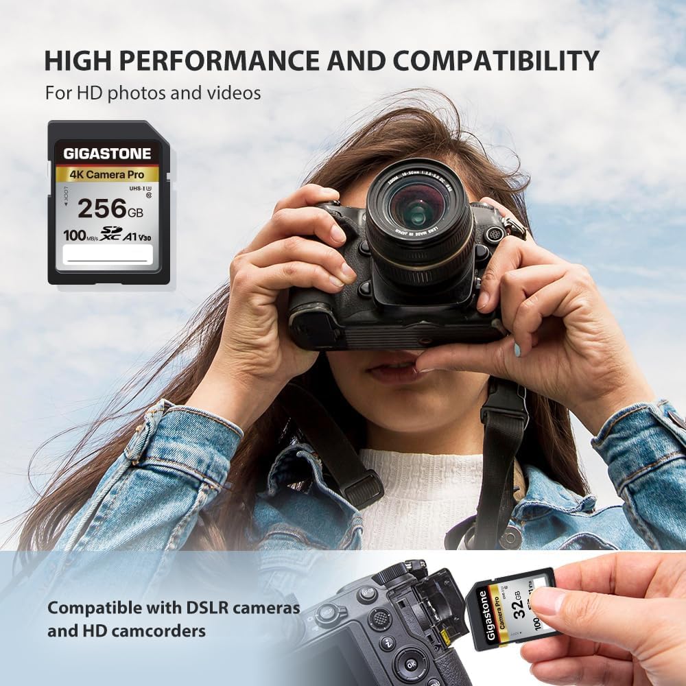 [5-Yrs Free Data Recovery] GIGASTONE 256GB SD Card with USB Type C Card Reader, 4K Camera Pro, A1 V30 U3 SDXC Memory Card Compatible with Canon Digital Camera, with 1 Mini case