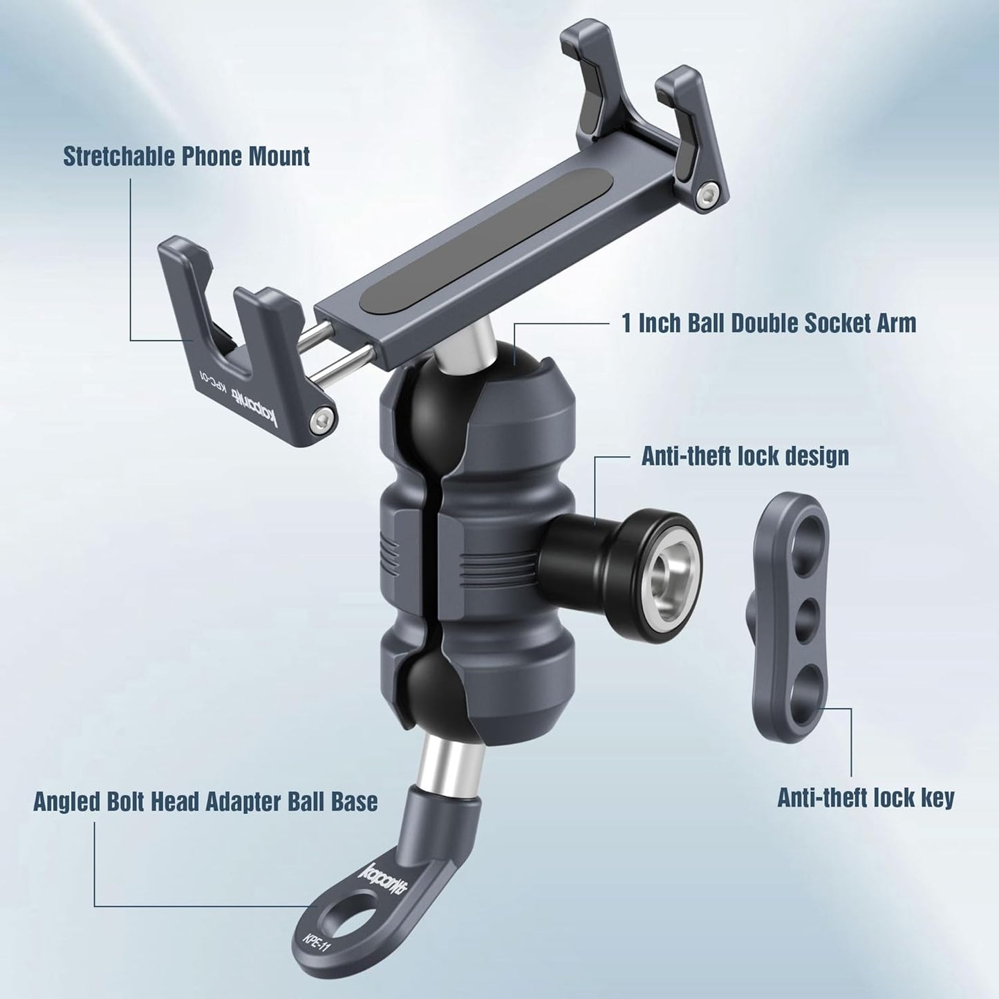 Motorcycle Phone Clip Kit, Anti-Theft Double Socket Arm/Angled Bolt-Head Adapter Ball Base for Mirrors Lever or Round Bar, Suitable for Width of 2.56-3.74" Phone (KPS-04)"