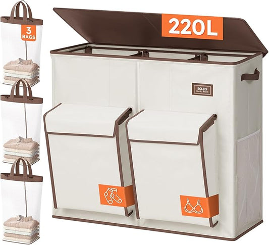 SOLEDI 220L Laundry Hamper 3 Section,Extra Large Laundry Basket with Lid and 2 Side Pockets, Dirty Clothes Hamper with Removable Bag Easy to Carry for Laundry Room, Bedroom, Bathroom, White