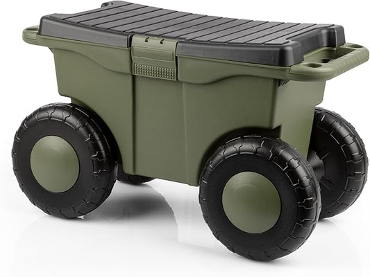 Pure Garden Rolling Garden Cart with Seat - Plastic Storage with Bench and Interior Tool Tray - Gardening Stool for Weeding and Planting (Green)