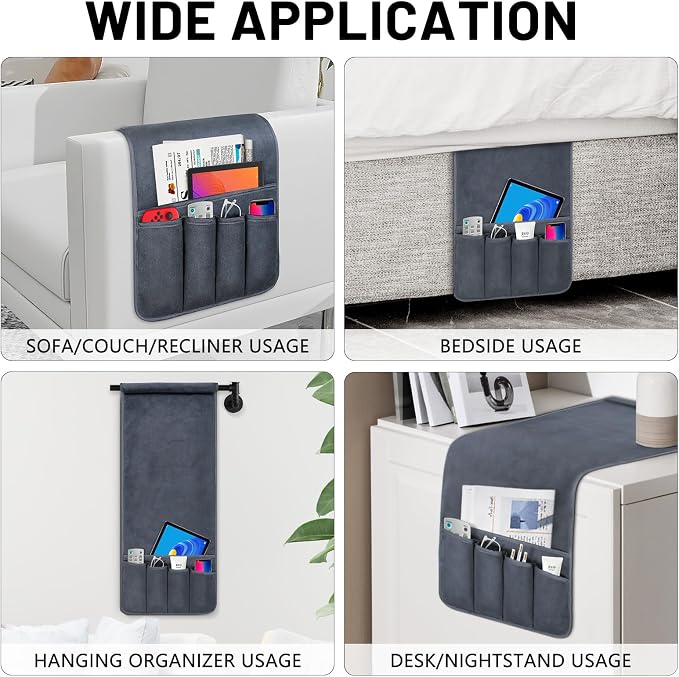 Couch Armrest Remote Control Holder, Polar Fleece Couch Caddy Gifts for Seniors, Non-slip Bed Caddy Tv Remote Holder with 5 Pockets for Key Glasses Phone Magazine Holders