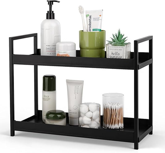 Bathroom Counter Organizer 2 Tier Vanity Storage Countertop Shelf Makeup Organizer Perfume Tray Skincare Holder for Sink, Dresser, Kitchen, Large Black