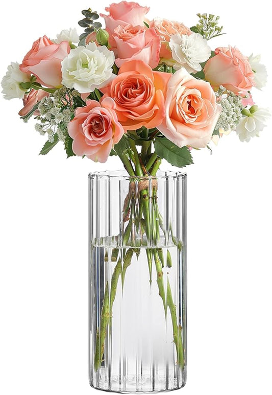 ComSaf Glass Cylinder Vases, Bud Vase for Centerpieces, 8 Inch Tall Ribbed Vase Hurricane Floating Candle Holder, Decorative Flower Vases for Wedding Reception, Home Decor, Housewarming Gift (Clear)