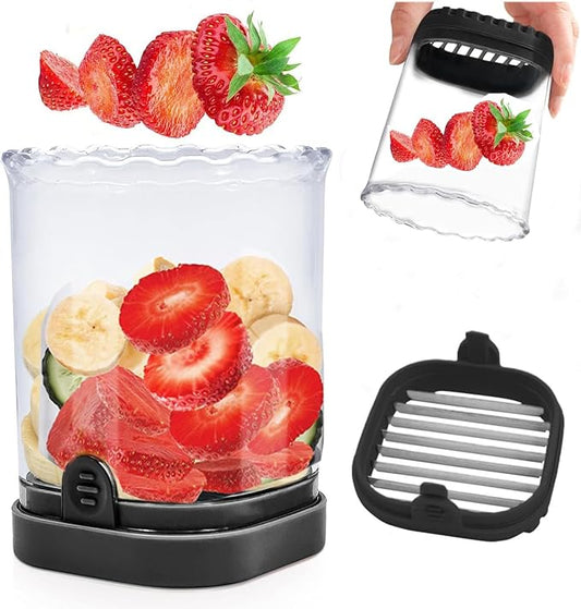 Fruit Slicer Cup,Strawberry Cutter Slicer with Stainless Blades for Egg Banana Cucumber Mushroom,Detachable Kitchen Gadget Tool Vegetable Salad Cut Slice -Precision Berry Cutter Black